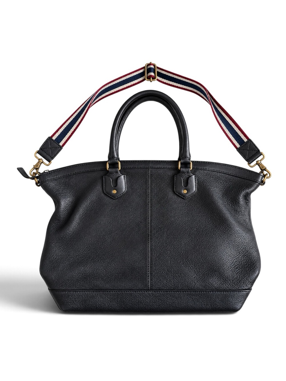 Madewell Leather Crossbody Tote Bag Black Leather Striped Strap O/S